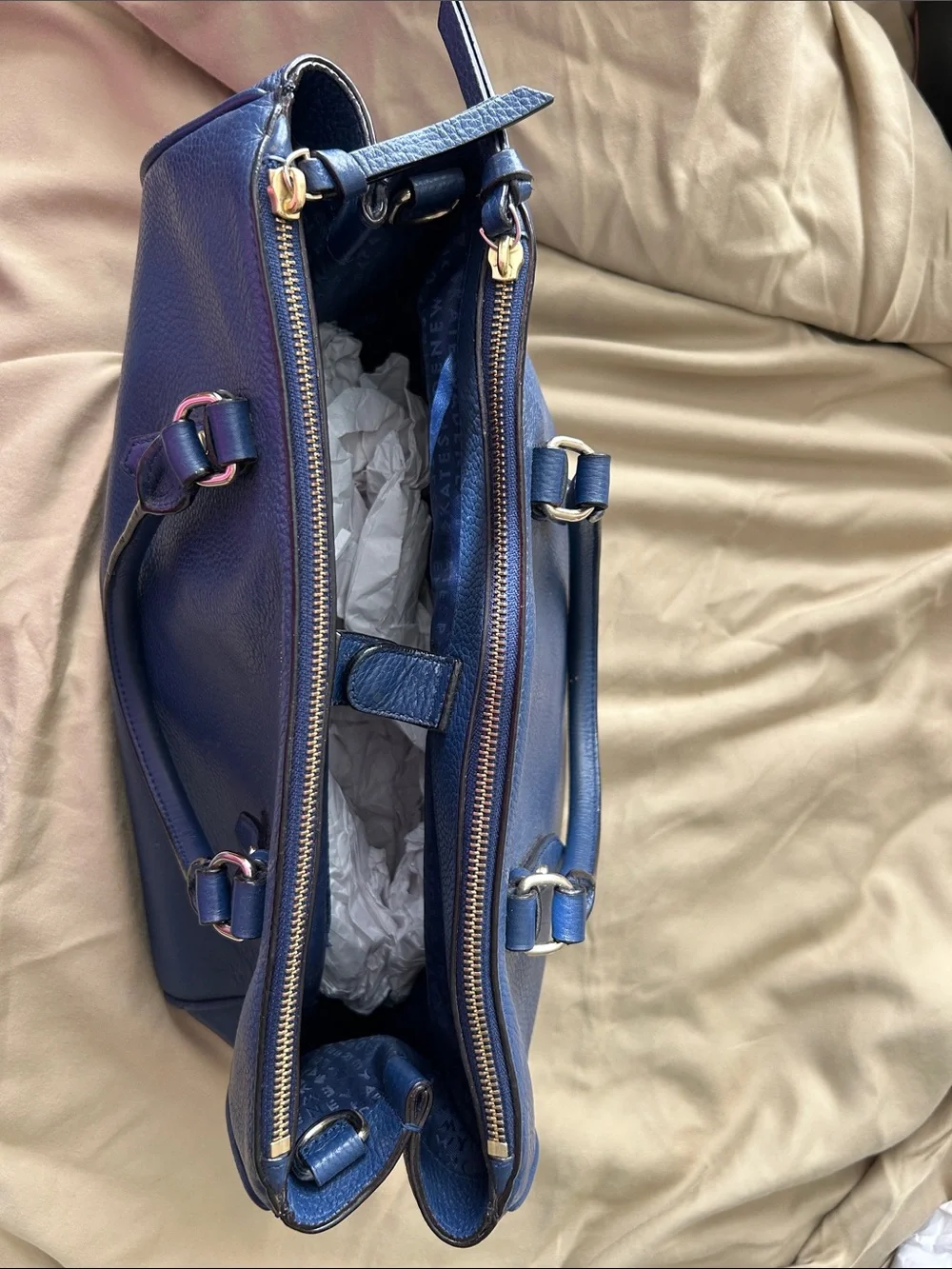 kate spade navy pebbled leather satchel with gold-tone accents